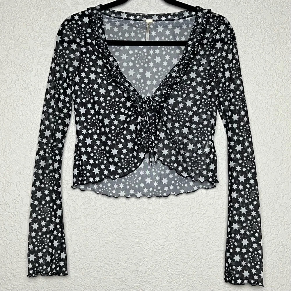 FREE PEOPLE Y2K Sheer Celestial Ruffle V-Neck Long Sleeve Whimsigoth Crop Top XS